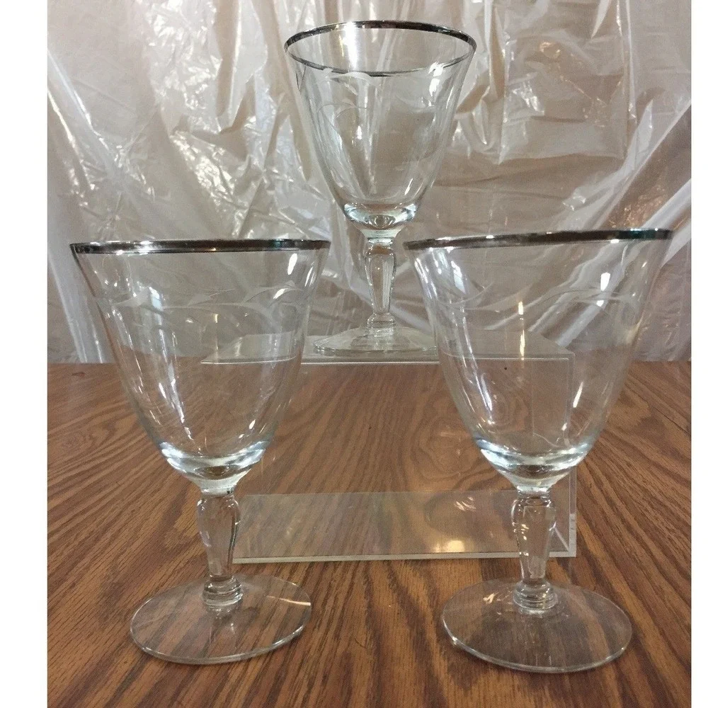 Vintage MCM Etched Wine Glasses Silver Rim Floral Stemware 3 Lot Barware Elegant
